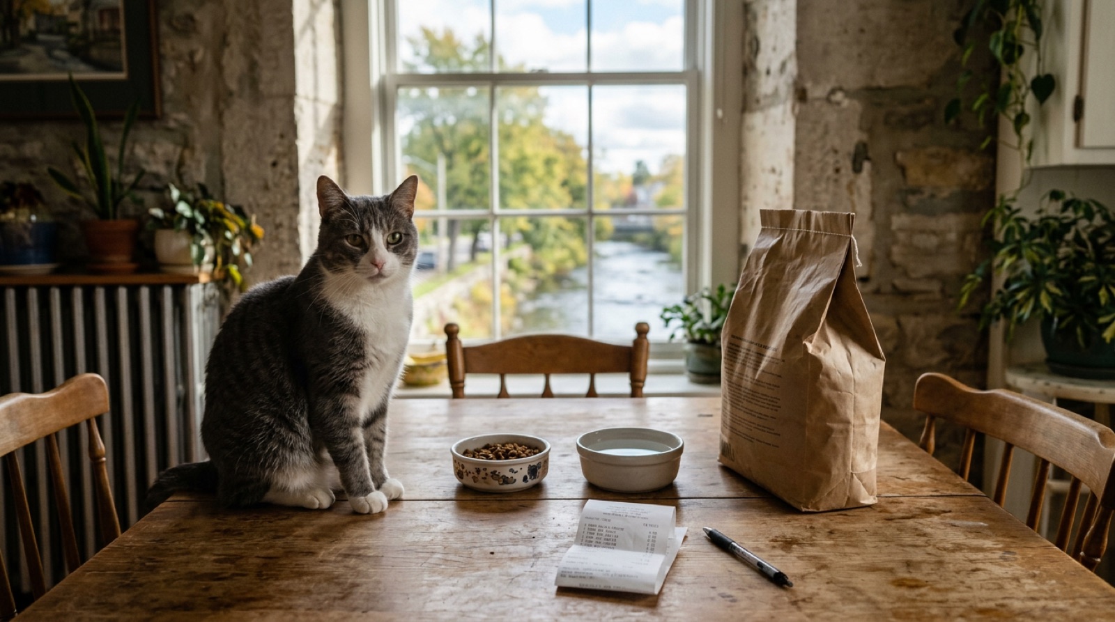 A rescue cat beside a litter box and food bowls in a Guelph Ontario home