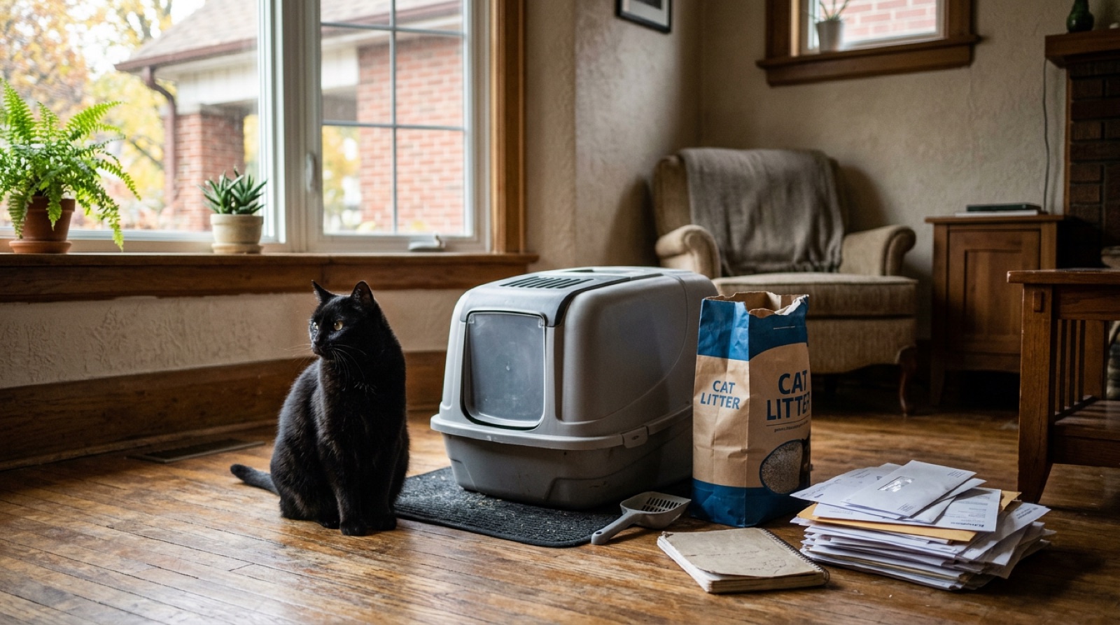 Rescue cat sitting beside food and litter supplies in a Hamilton Ontario home