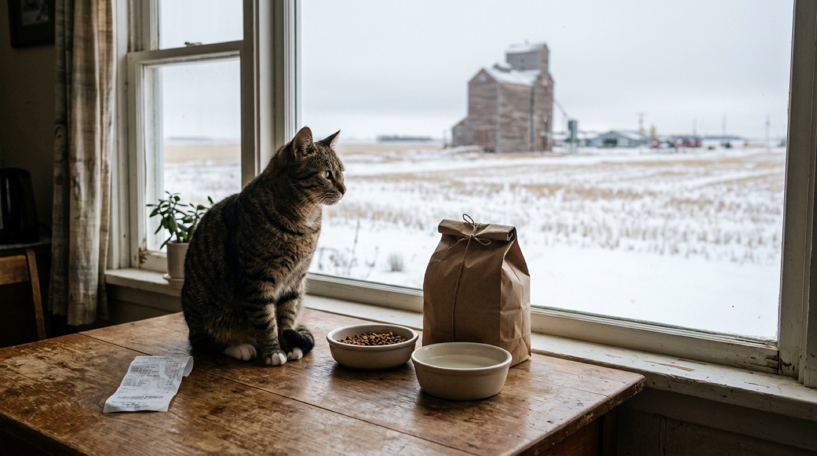 Rescue cat beside a litter box and supplies in a Humboldt Saskatchewan home