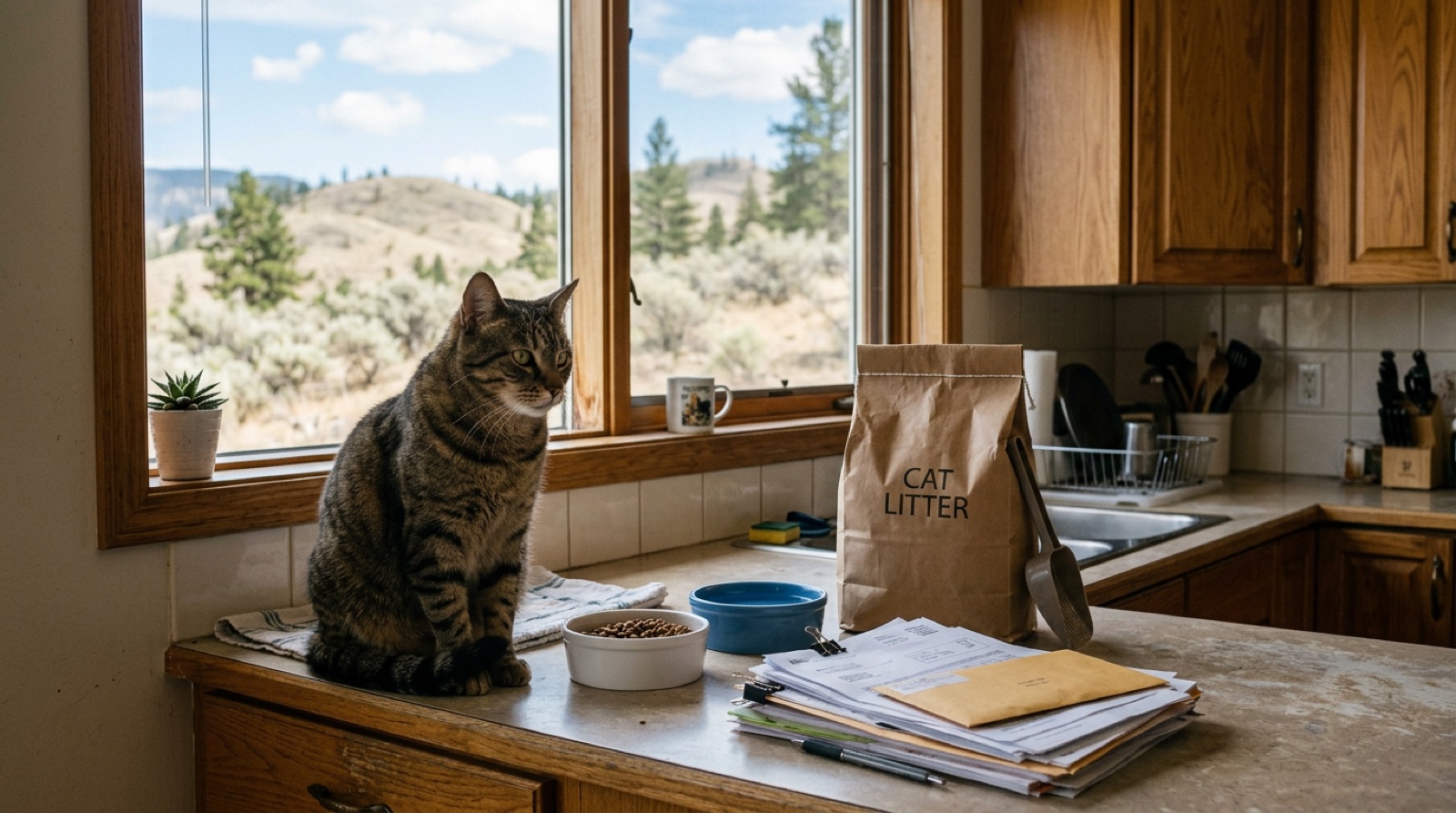 Rescue cat sitting beside food bowls and supplies in a Kamloops BC home
