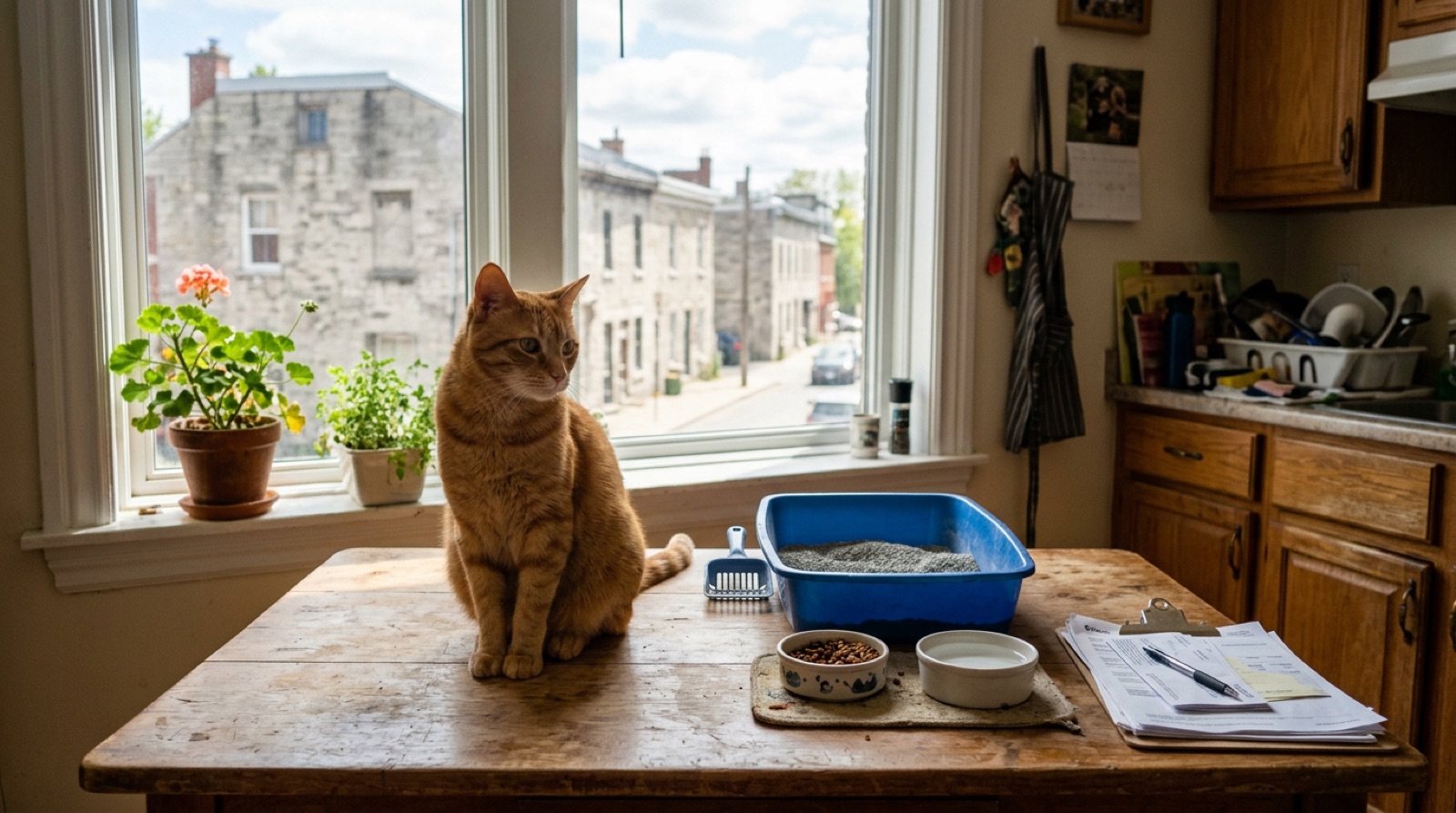 Rescue cat sitting beside food and litter supplies in a Kingston Ontario home