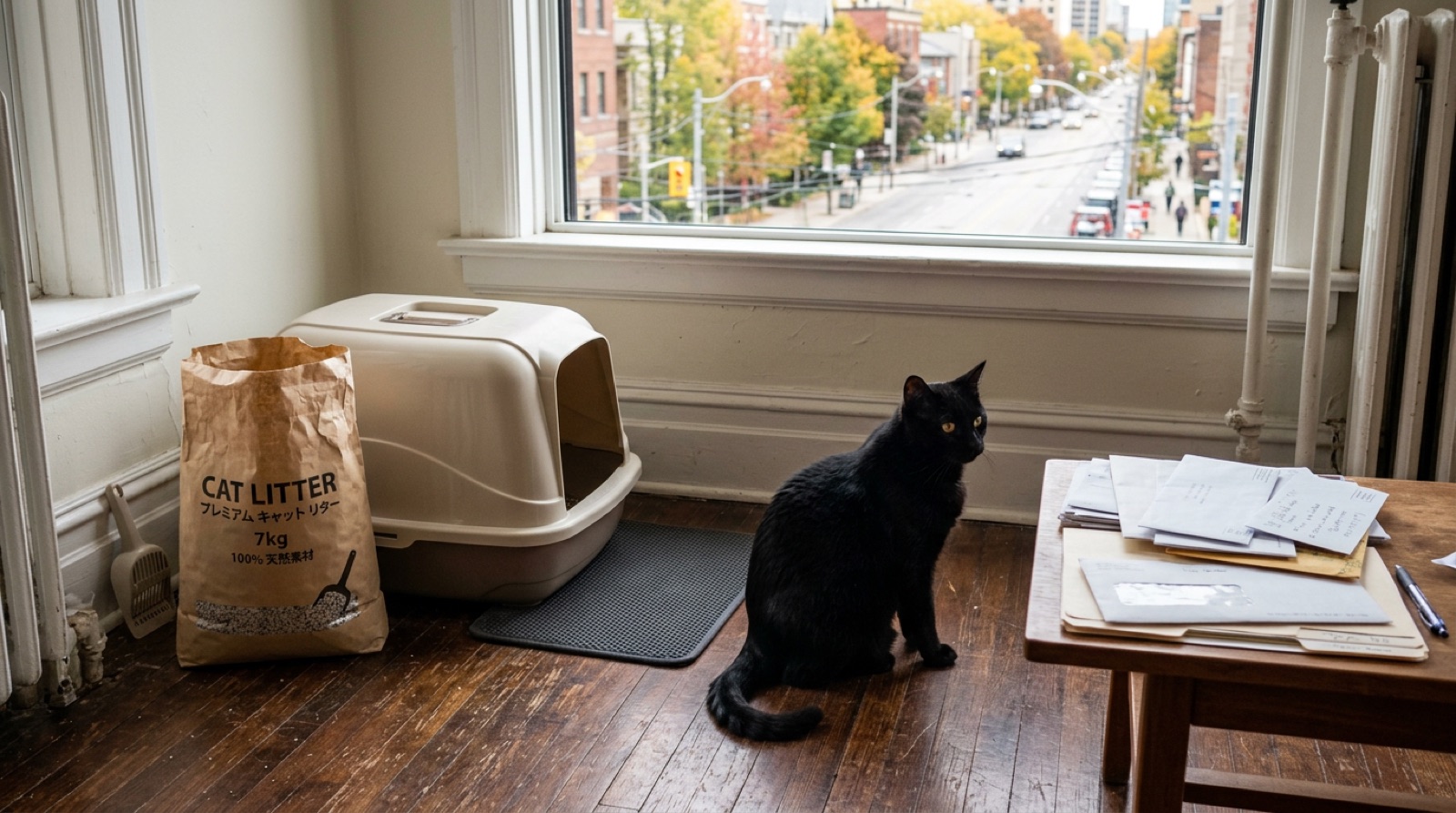 A rescue cat beside a litter box and food bowls in a Kitchener Ontario home