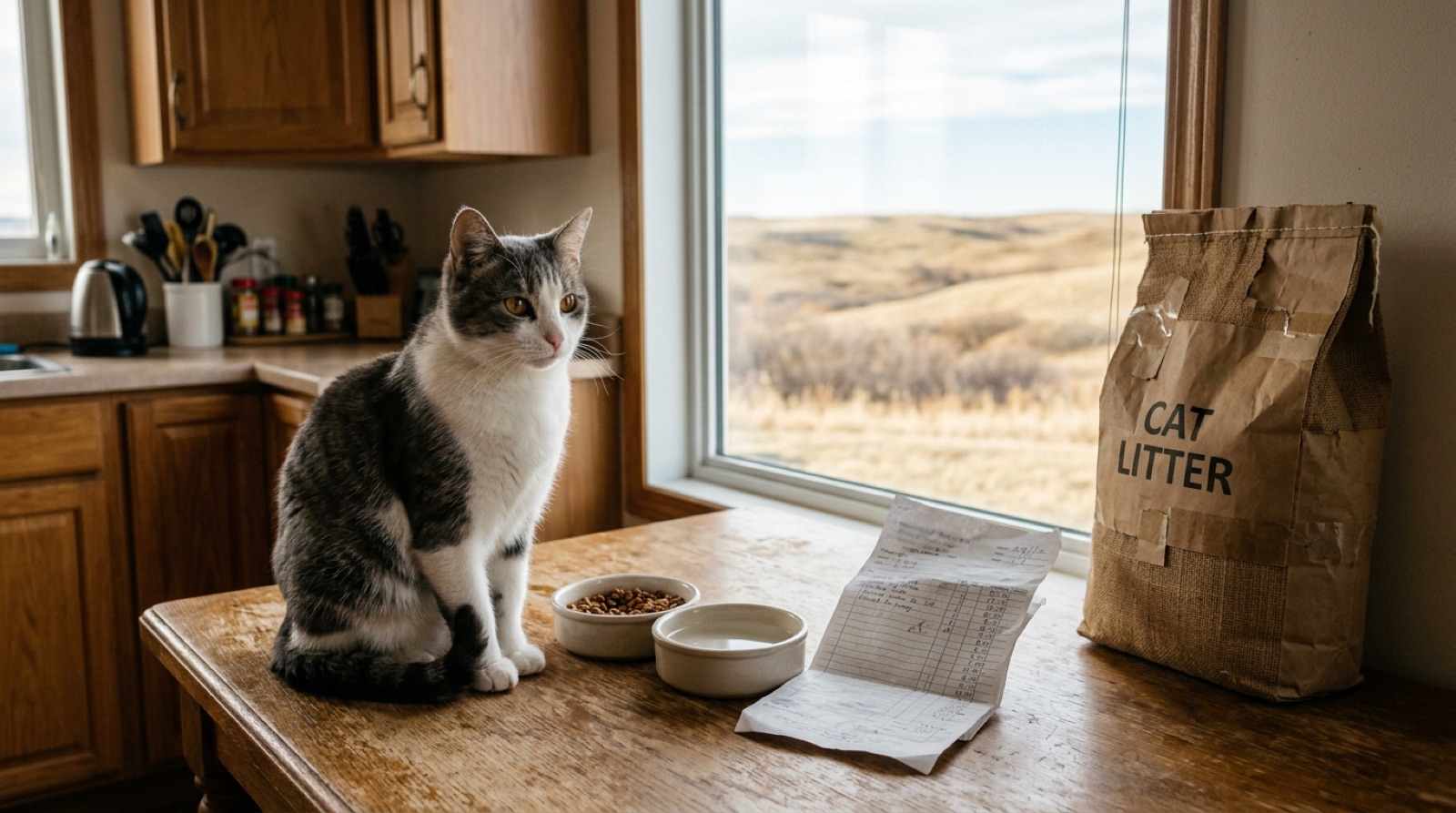 Rescue cat sitting beside food bowls and supplies in a Lethbridge Alberta home