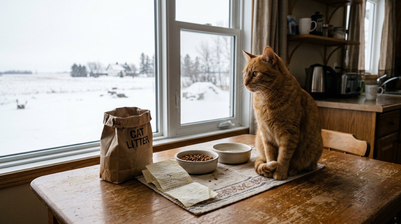 A cat beside food and litter supplies at a Lloydminster store on the Alberta Saskatchewan border