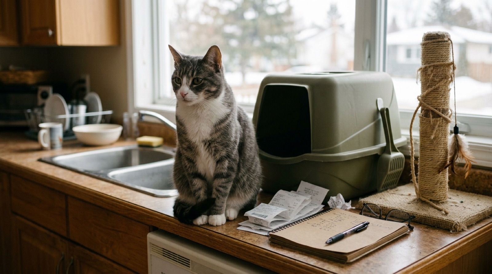 Rescue cat sitting beside cat supplies in a London Ontario home