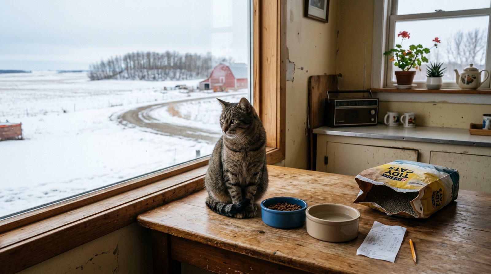 Rescue cat beside food bowls and litter supplies in a Melfort Saskatchewan home