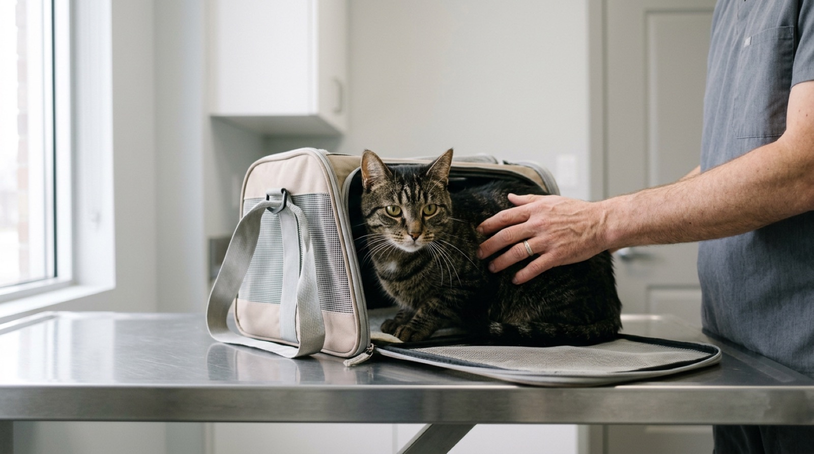 Rescue cat sitting beside food bowls and litter supplies in a Moncton New Brunswick home