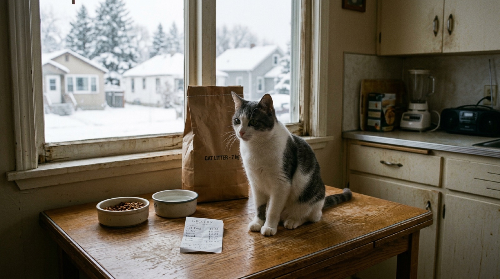Cat sitting beside food bowls and supplies in a Saskatchewan kitchen
