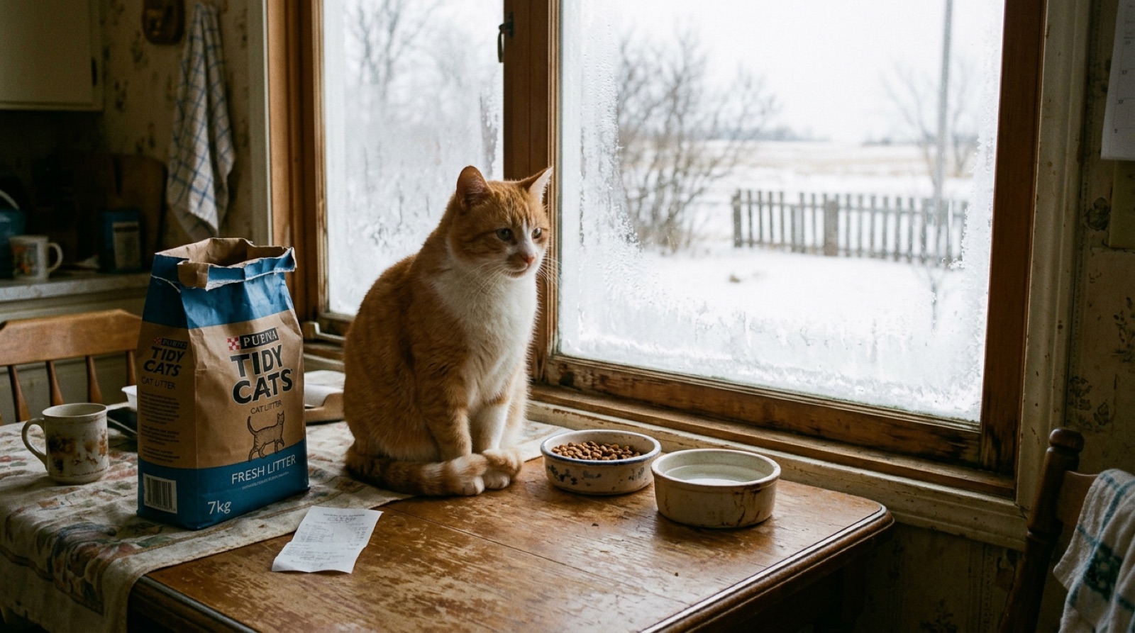 Rescue cat beside food bowls and litter supplies in a North Battleford Saskatchewan home