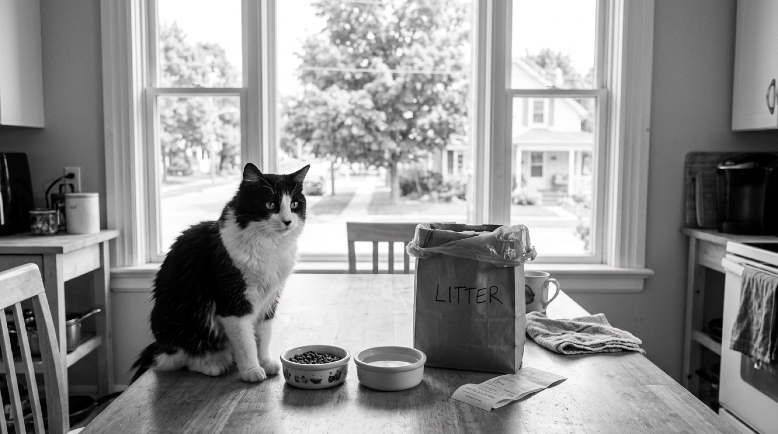 Rescue cat sitting beside food bowls and supplies in a Peterborough Ontario home