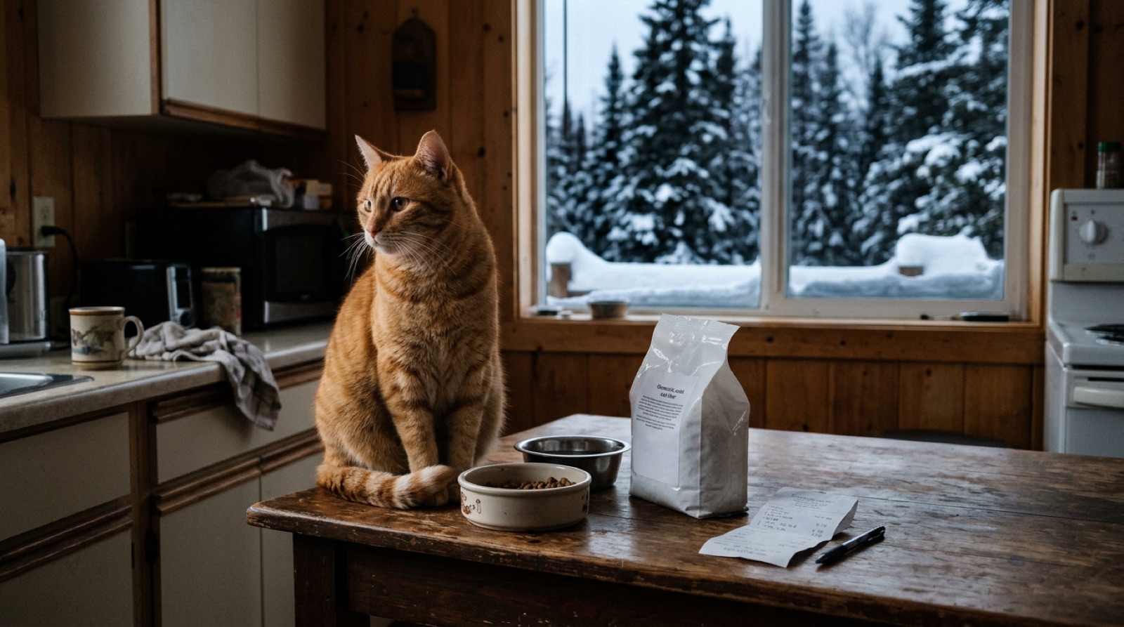 Cat sitting beside food bowls and supplies in a Saskatchewan kitchen