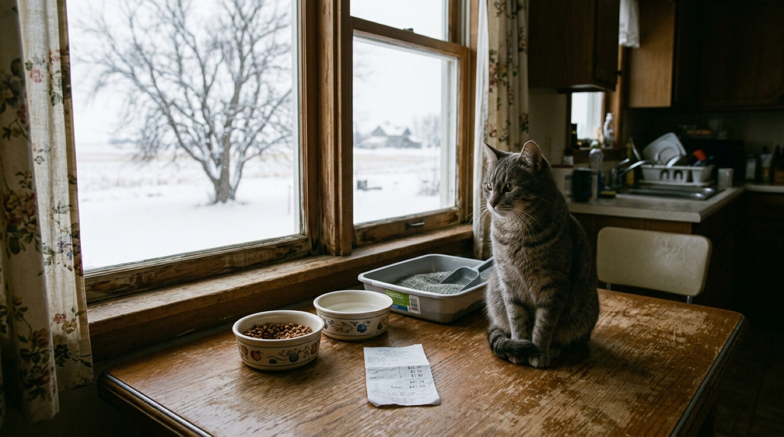 Rescue cat sitting beside food bowls and supplies in a Red Deer Alberta home