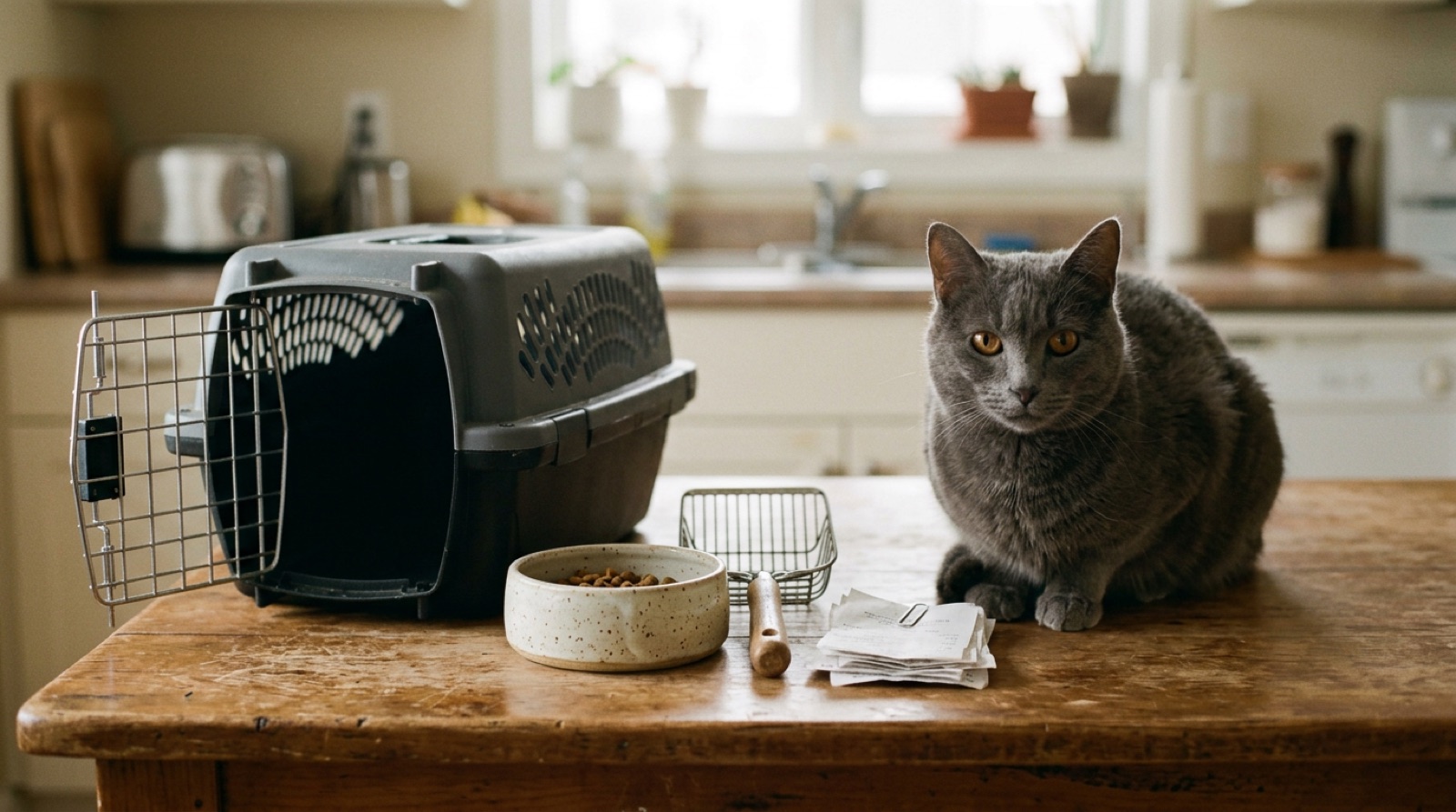 Rescue cat sitting beside food bowls and supplies in a Saint John New Brunswick home