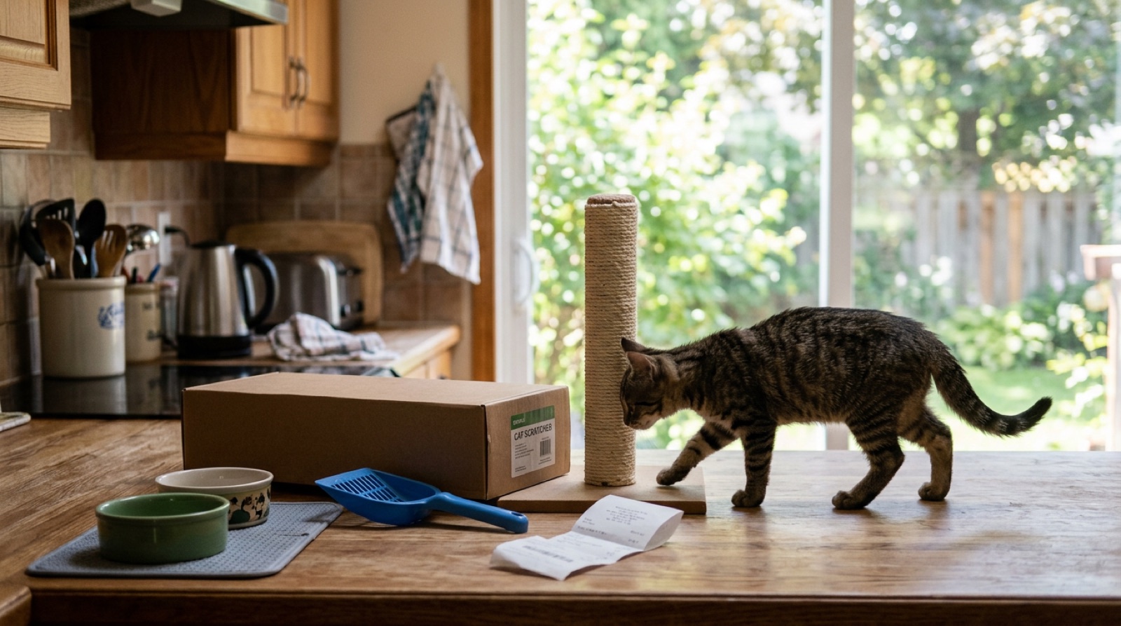 Rescue cat sitting beside food and litter supplies in a St. Catharines Ontario home