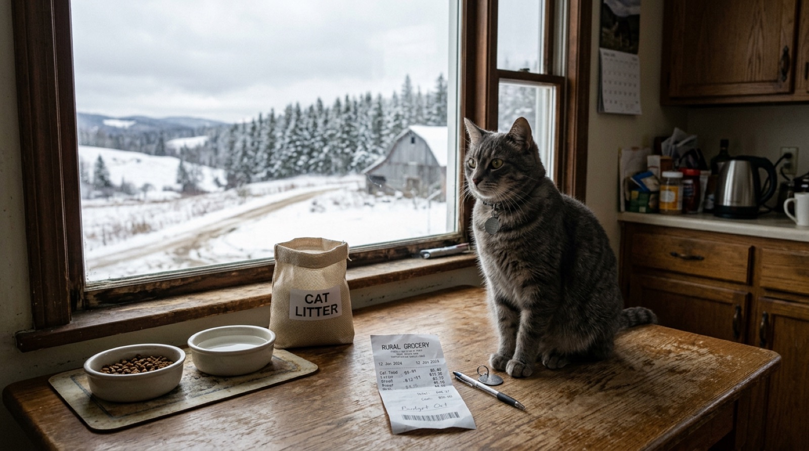Cat sitting beside food and litter supplies in a Swan River Manitoba home