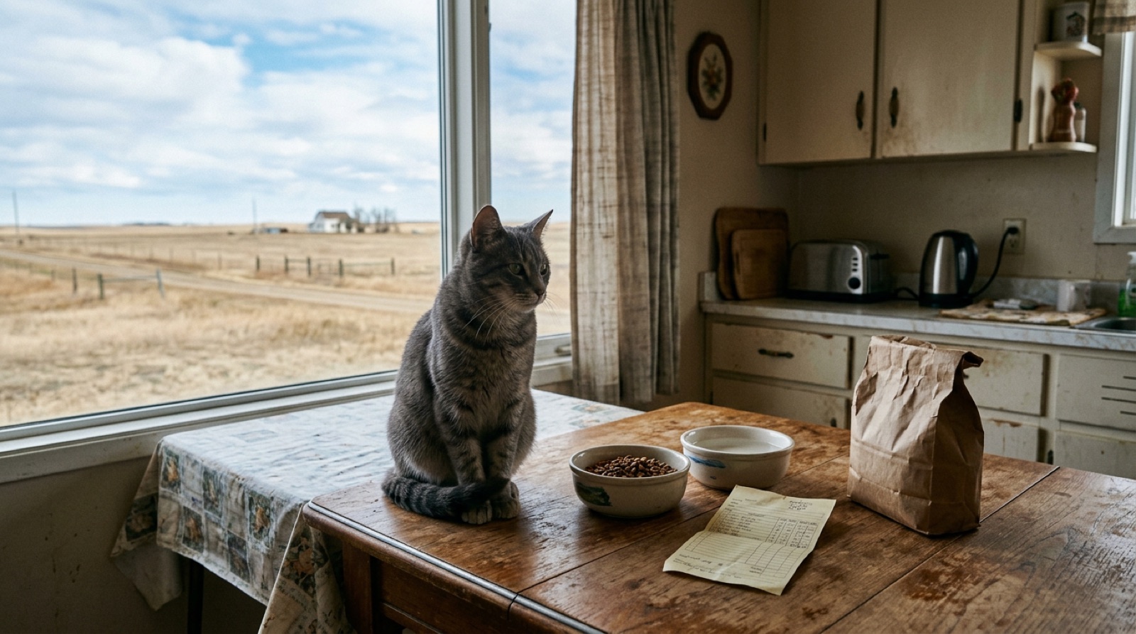 Rescue cat beside food bowls and litter supplies in a Swift Current Saskatchewan home