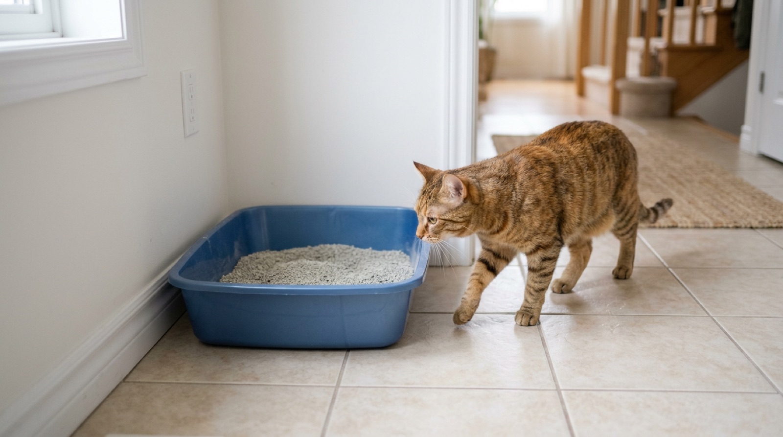 Cat beside a clean litter box in a quiet Ottawa home