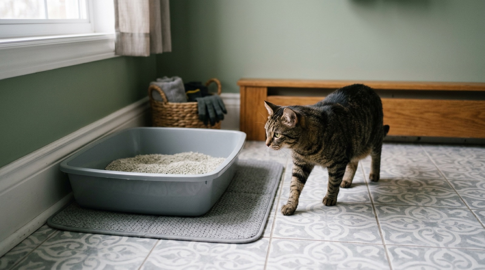 Cat beside a clean litter box in a quiet Winnipeg home