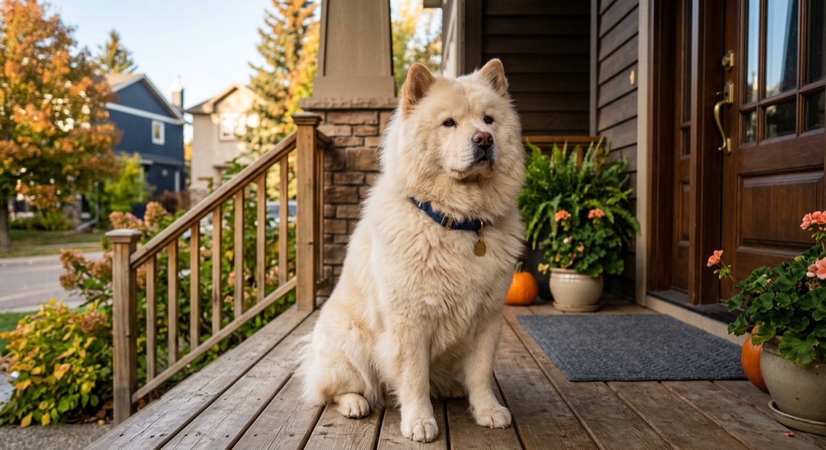 Calm adult Chow Chow sitting at distance in a Calgary residential yard, dignified posture, reserved expression