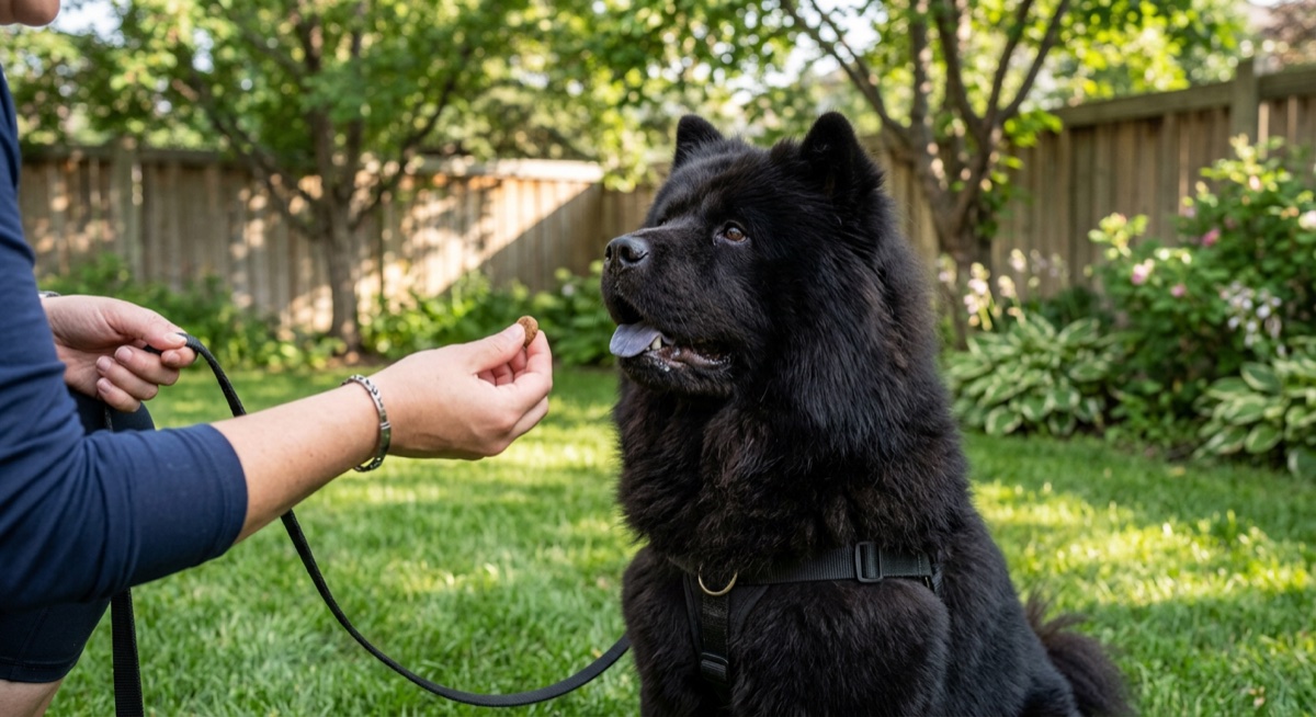 Chow Chow being calmly handled by a familiar Calgary owner indoors, choice-based handling, soft body language