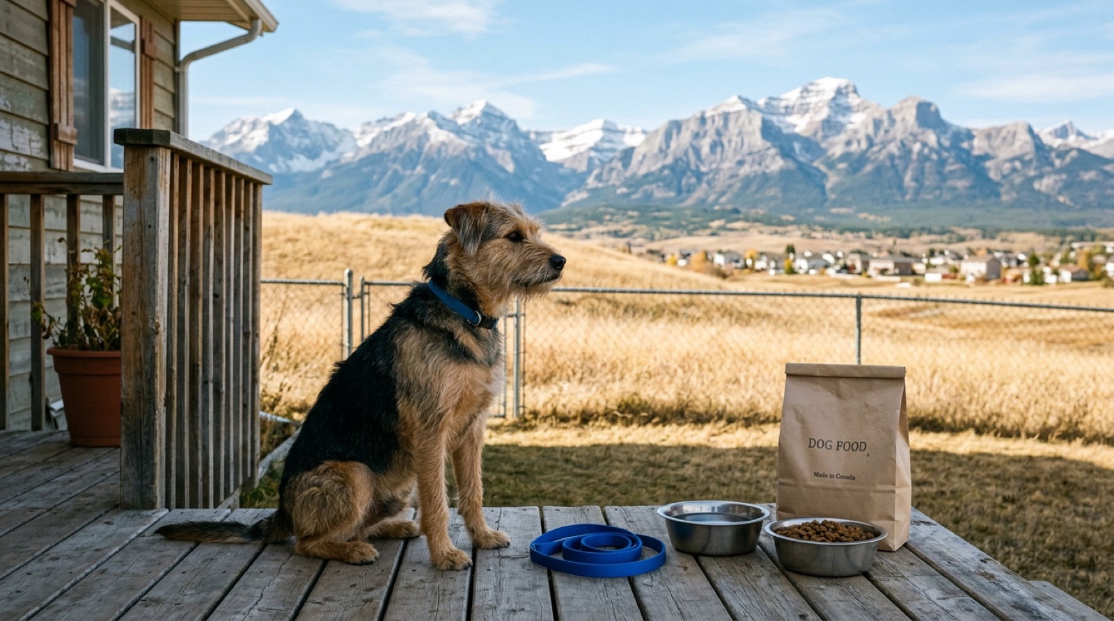 A dog waiting beside food and water bowls in a Cochrane, Alberta kitchen