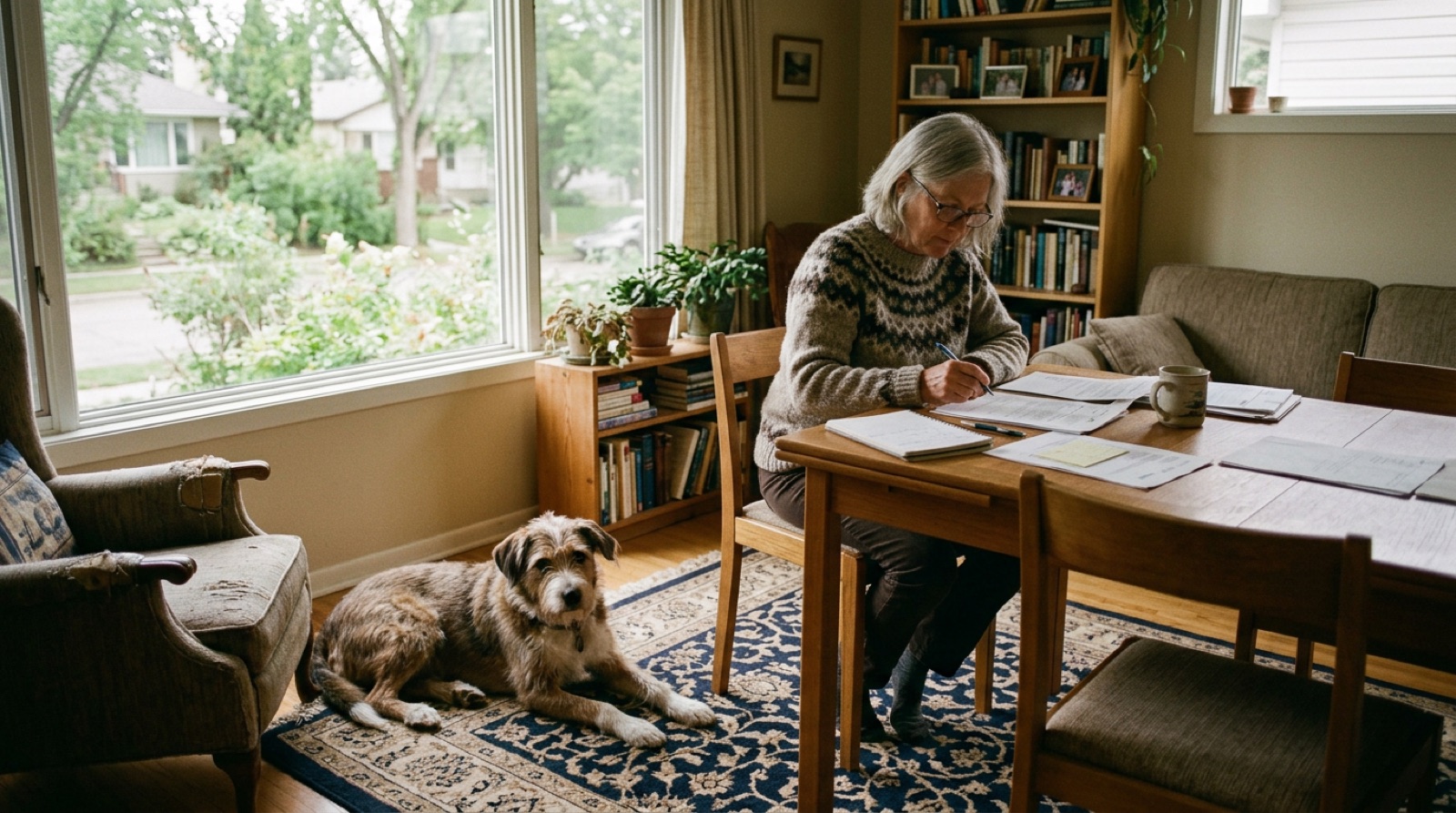 Adopted dog resting at home while its owner reviews adoption paperwork in Fredericton