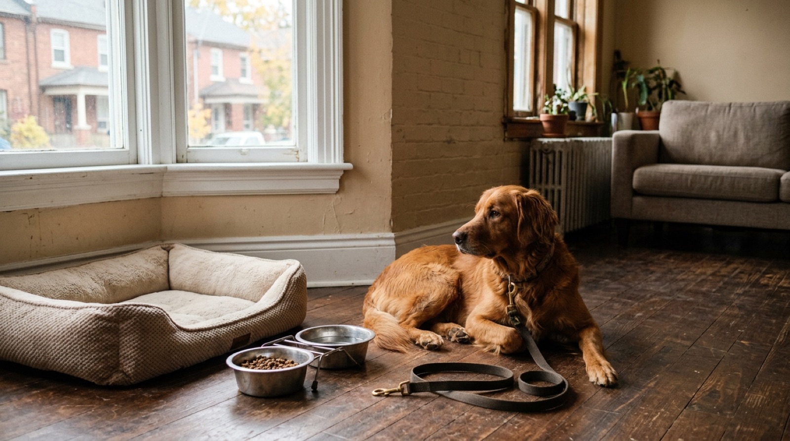 A dog waiting beside food bowls and a leash in a Hamilton kitchen, with a household budget notebook on the counter