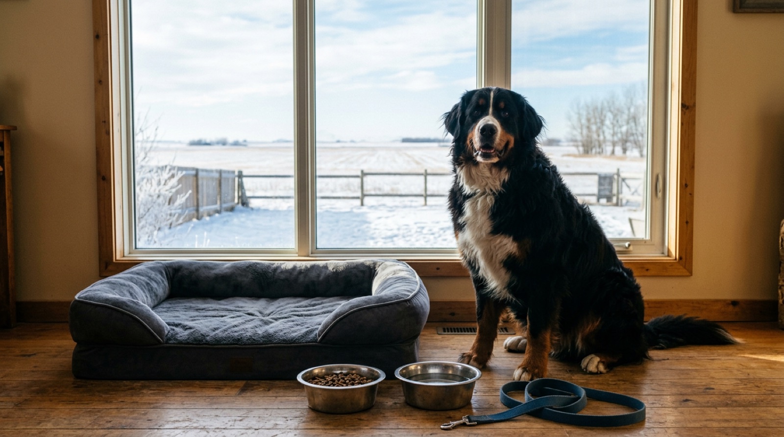 A dog beside pet food and supplies at a Lloydminster store on the Alberta Saskatchewan border
