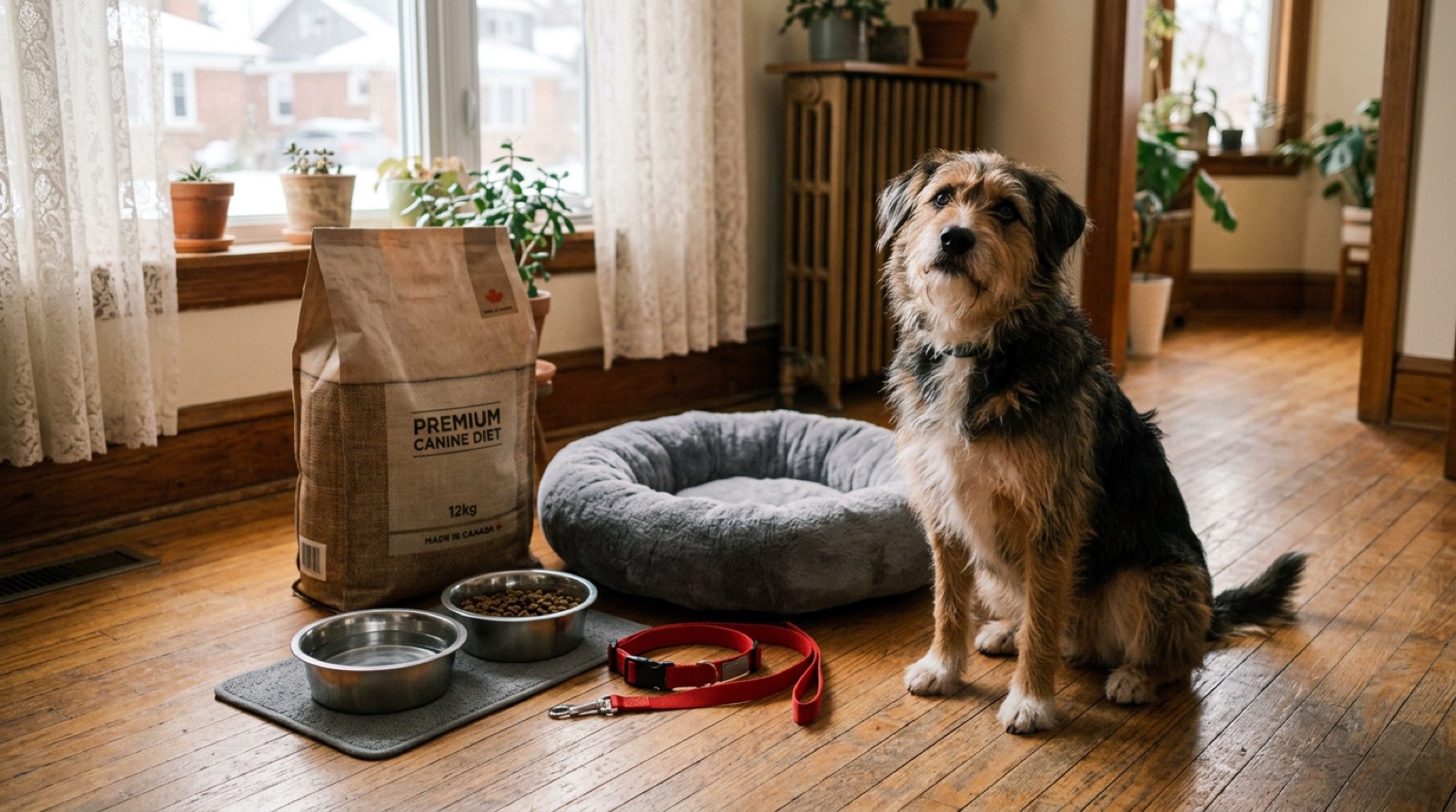 A rescue dog sitting beside supplies and a leash in a London, Ontario home
