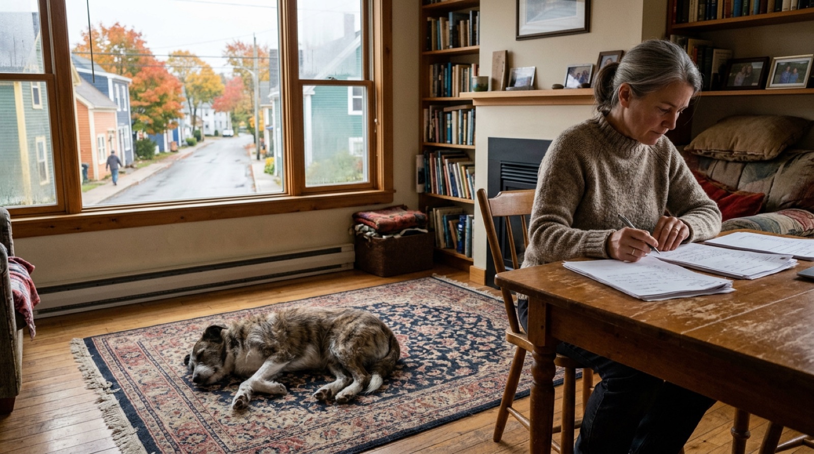 Adopted dog resting at home while its owner reviews adoption paperwork in Moncton