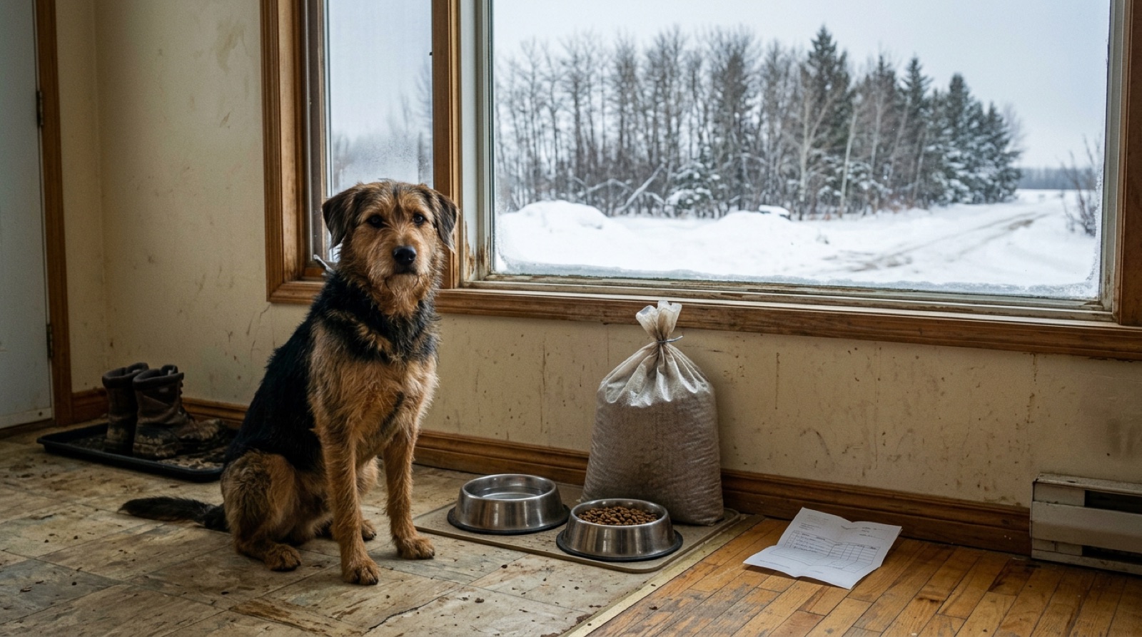 A dog beside food bowls and a winter coat in a North Battleford kitchen, with a budget notebook on the table