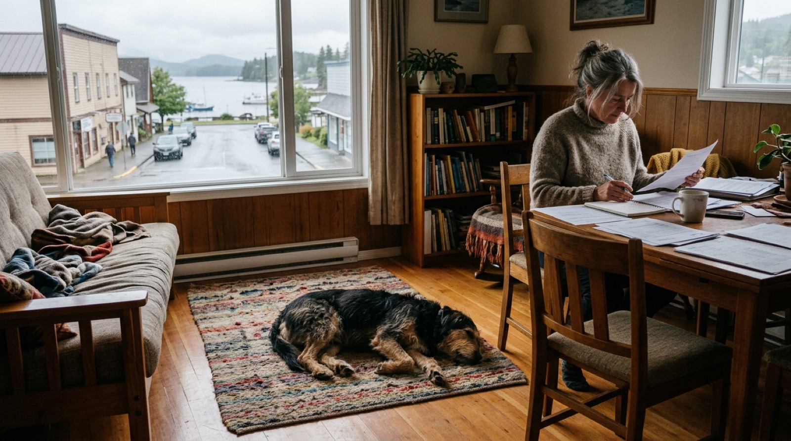Adopted dog resting at home while its owner reviews adoption paperwork in Saint John