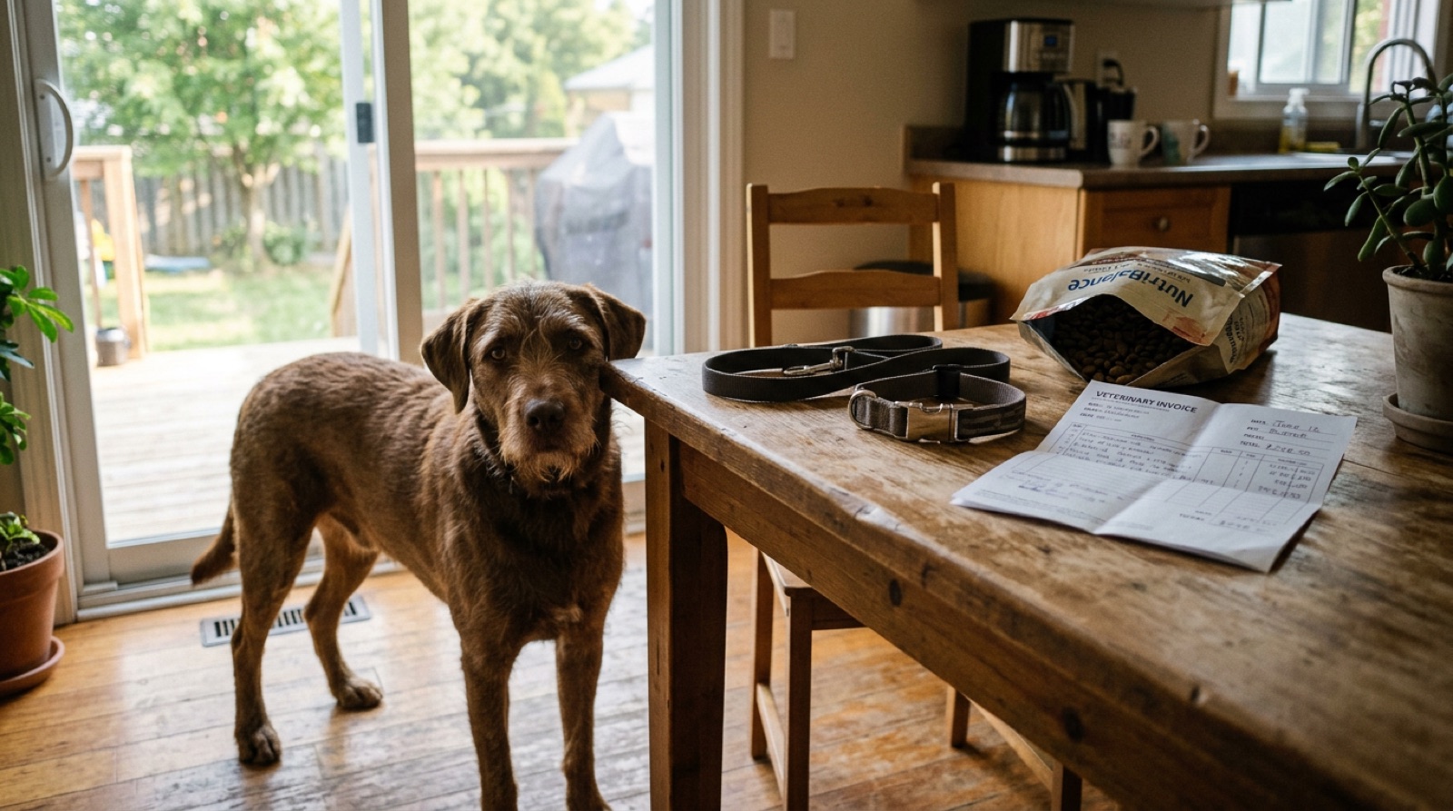 A rescue dog beside its food bowl and leash in a St. Catharines home