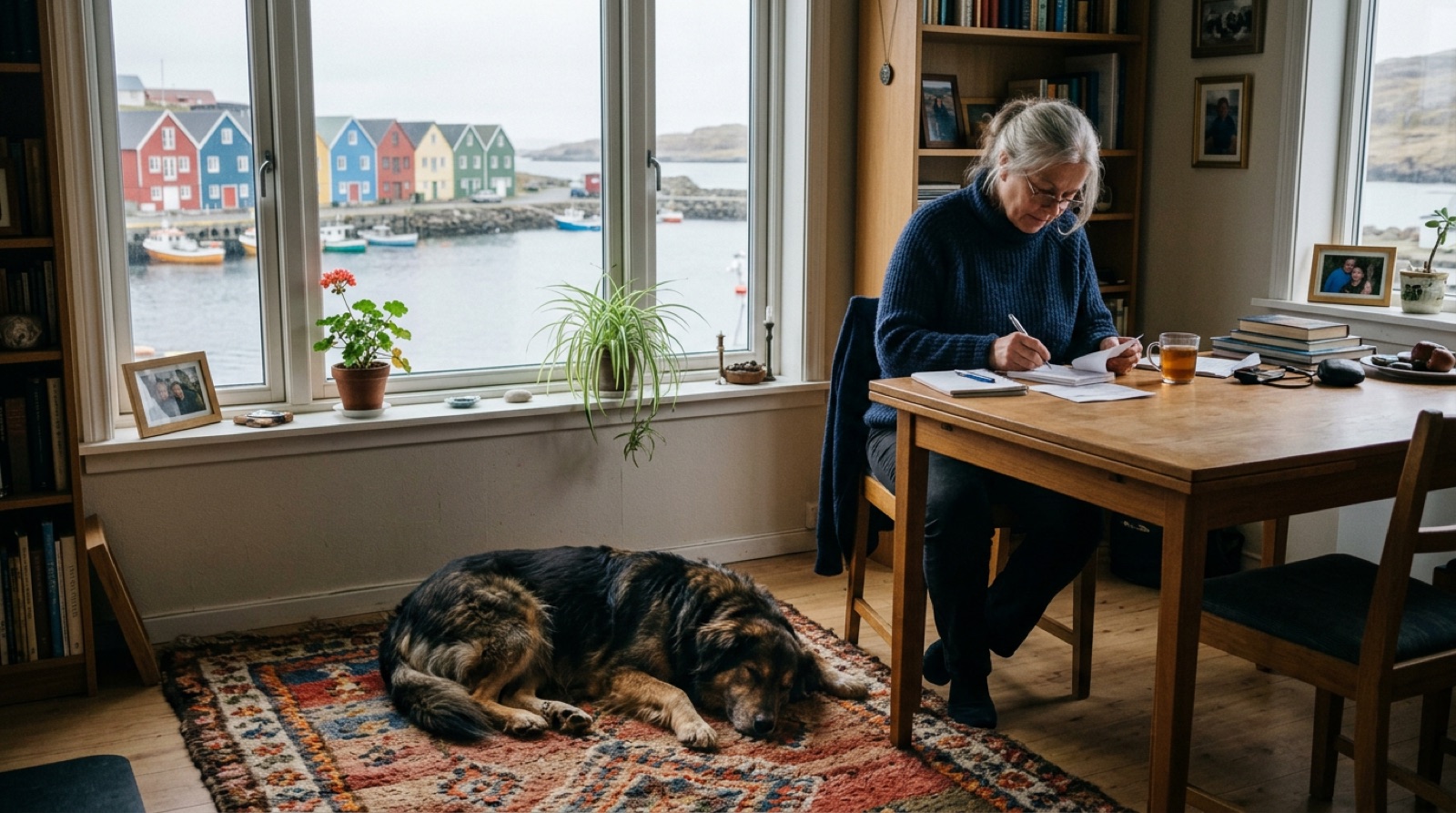 Adopted dog resting at home while its owner reviews adoption paperwork in St. John's