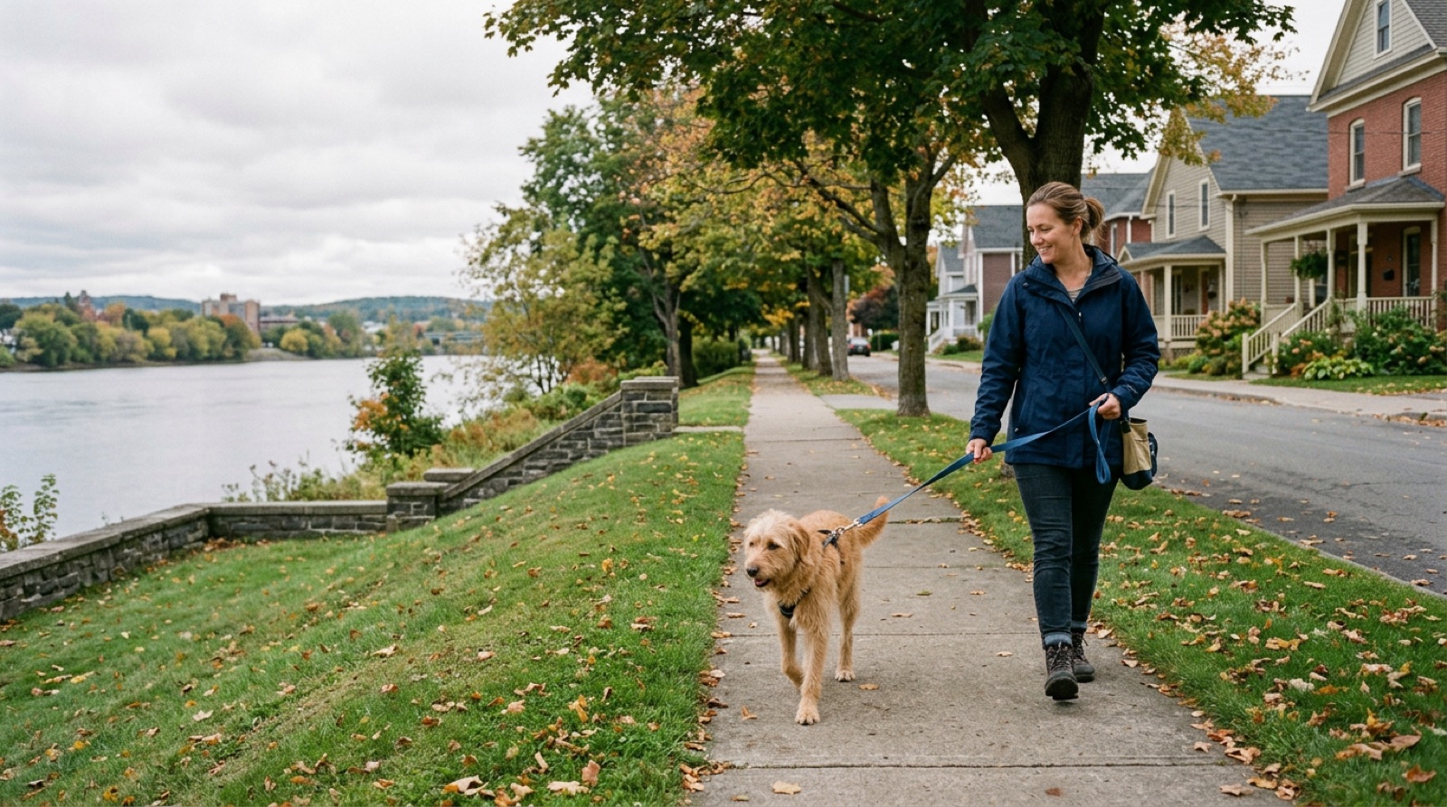 Dog walking on-leash beside its owner on a Fredericton residential sidewalk