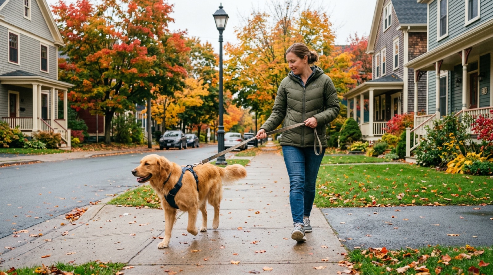 Dog walking on-leash beside its owner on a Moncton residential sidewalk