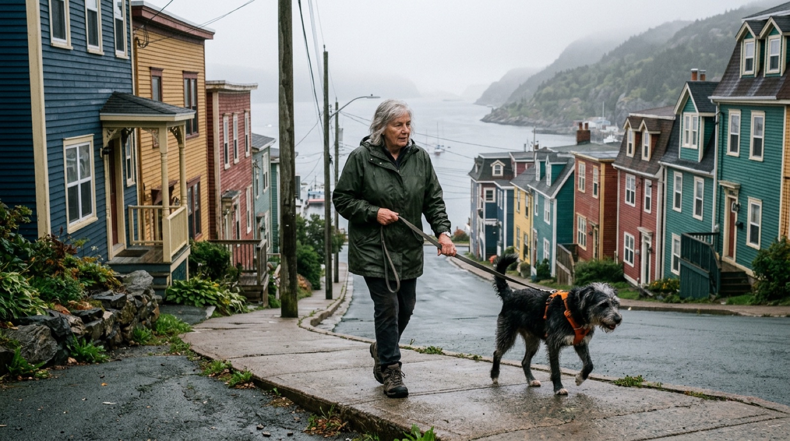 Dog walking on-leash beside its owner on a Saint John residential sidewalk