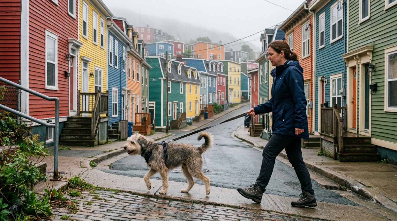 Dog walking on-leash beside its owner on a St. John's residential sidewalk