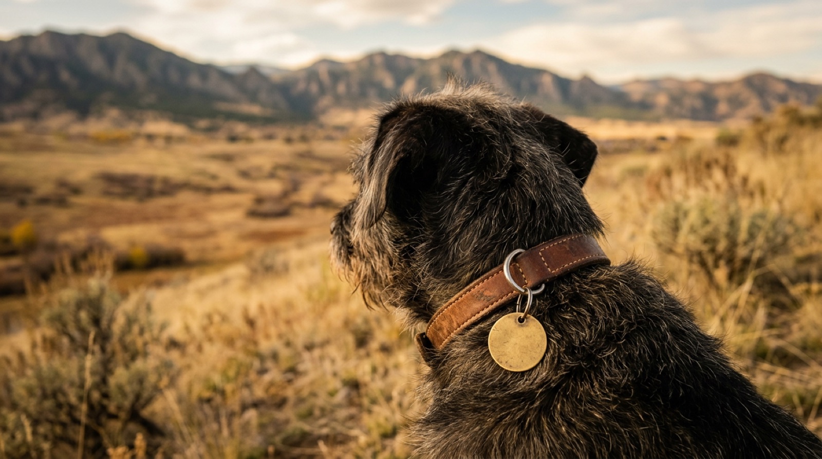 A dog wearing a collar and identification tag on a pathway in Cochrane, Alberta with the foothills behind