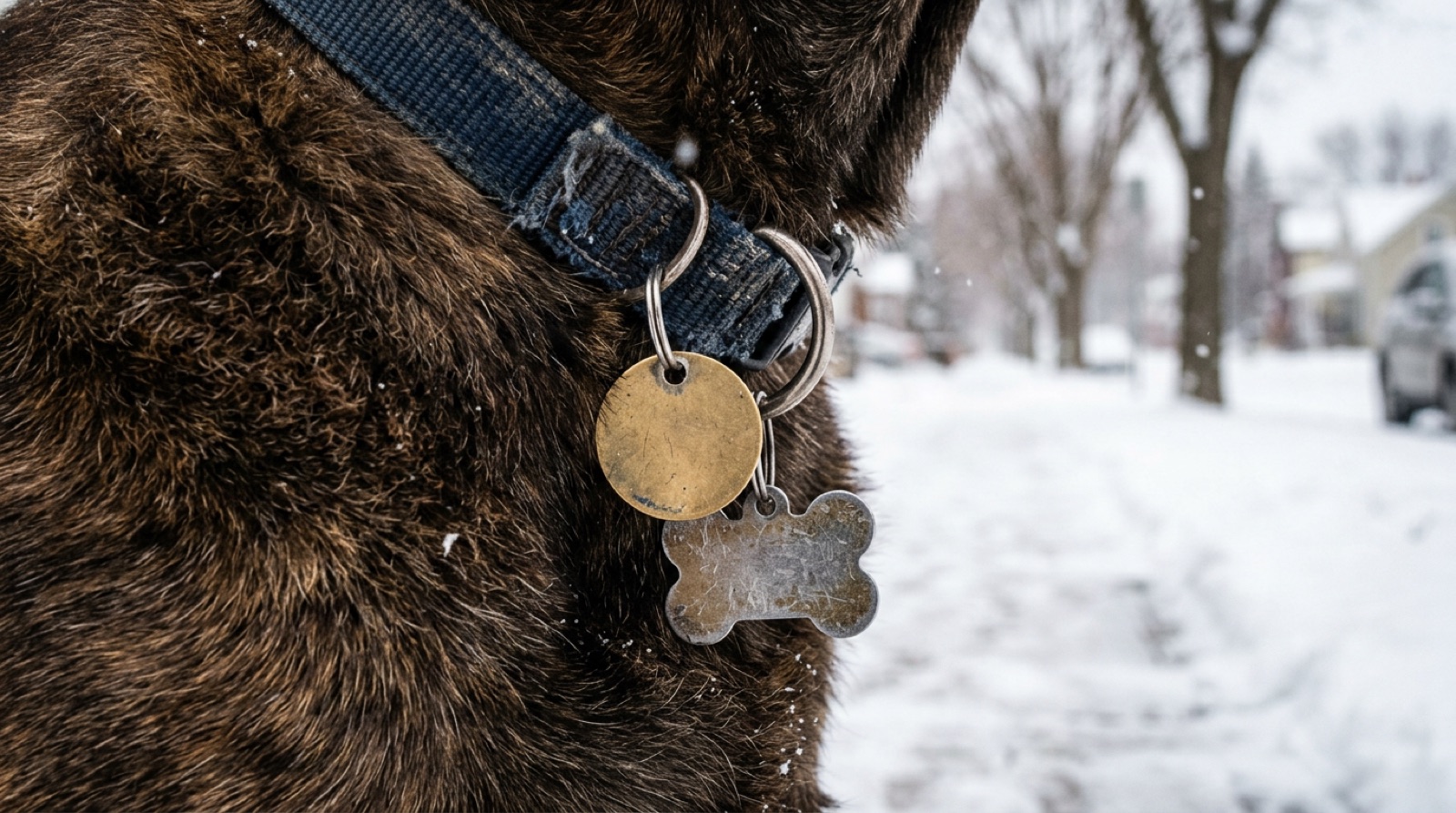 A dog wearing a collar and identification tag on a limestone sidewalk in Kingston, Ontario