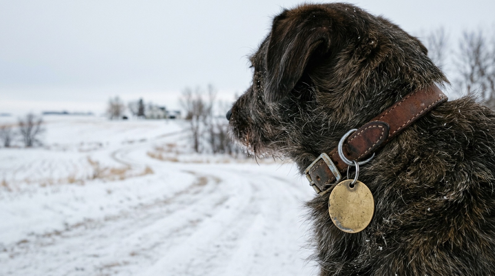 A dog on a leash wearing an ID tag at a Lloydminster off-leash park on a bright prairie day