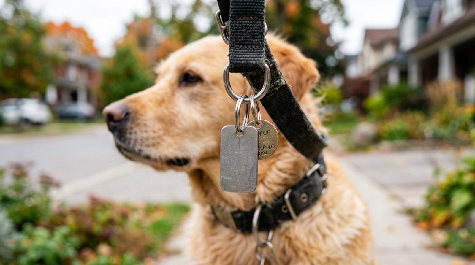 A dog wearing a collar with an identification tag on a London, Ontario sidewalk
