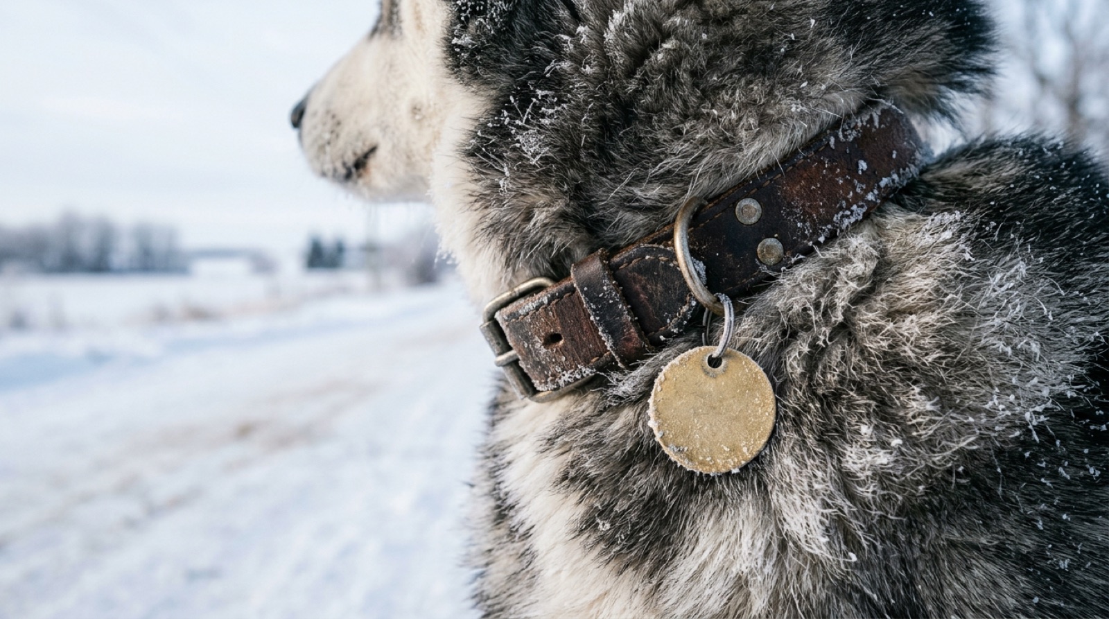 A dog wearing a collar and city licence tag on a snowy North Battleford street