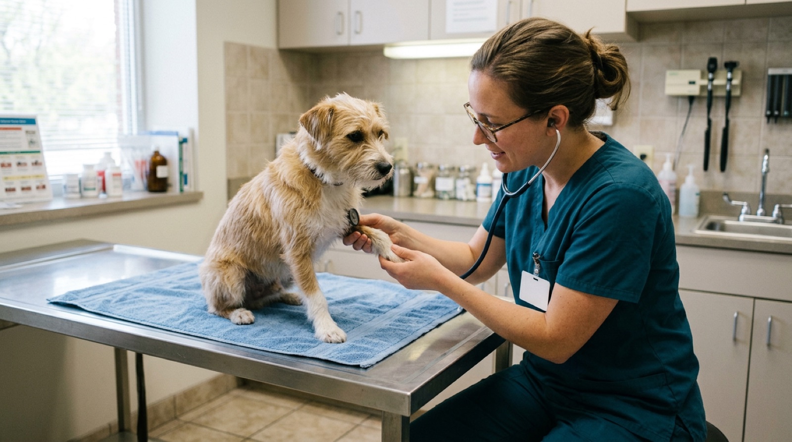 Veterinarian examining a dog during an urgent visit at a Fredericton clinic