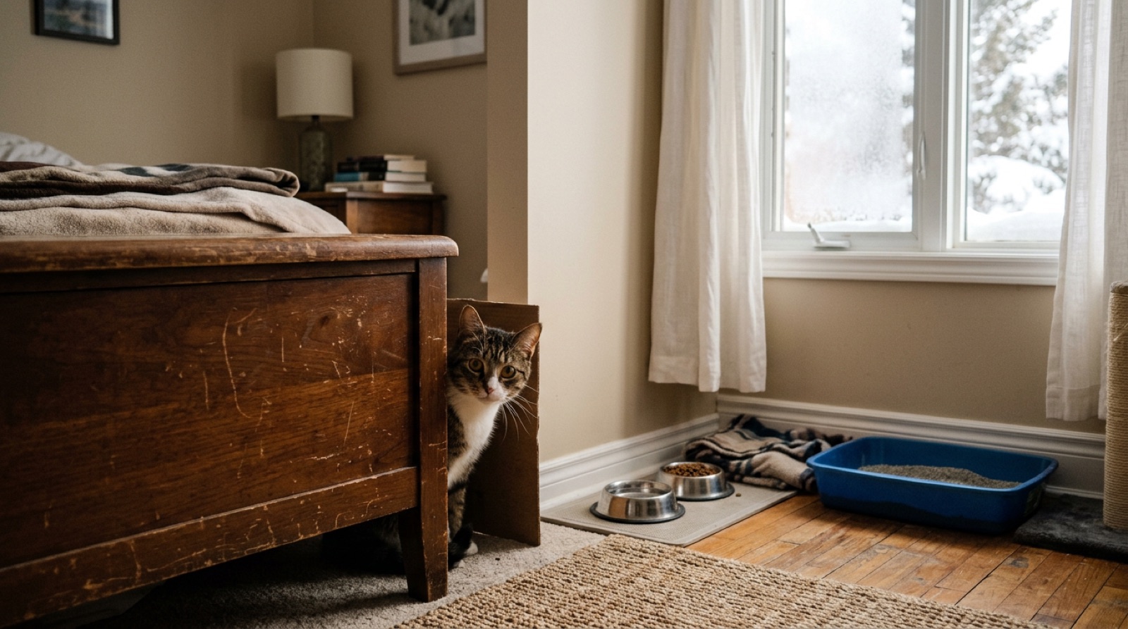 Newly adopted rescue cat peering out from under a bed in a Brandon Manitoba home
