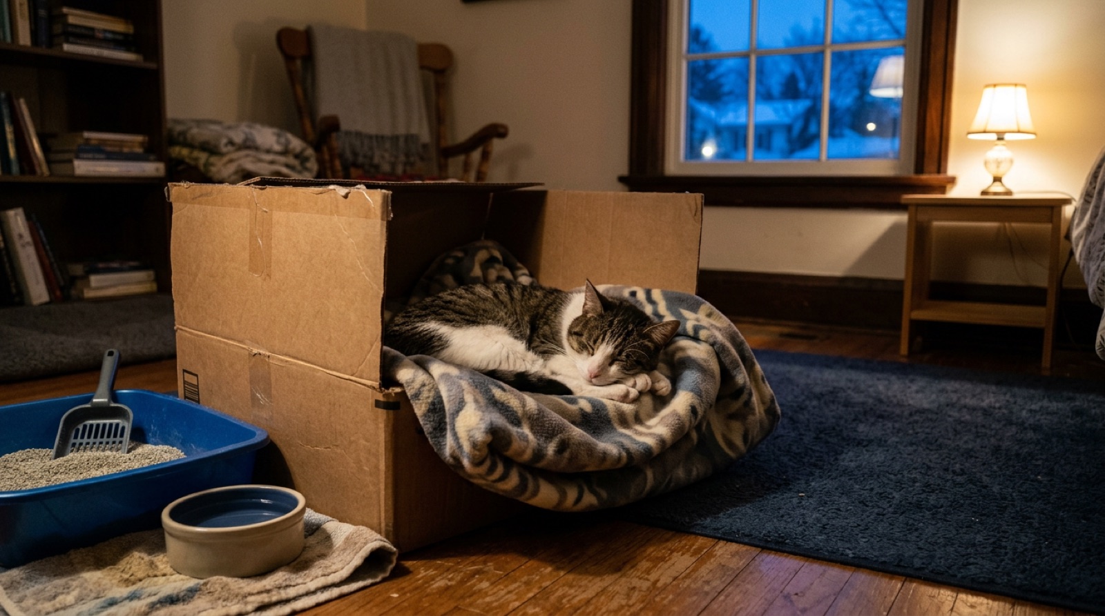 Newly adopted rescue cat peering out from under a bed in a Cochrane Alberta home