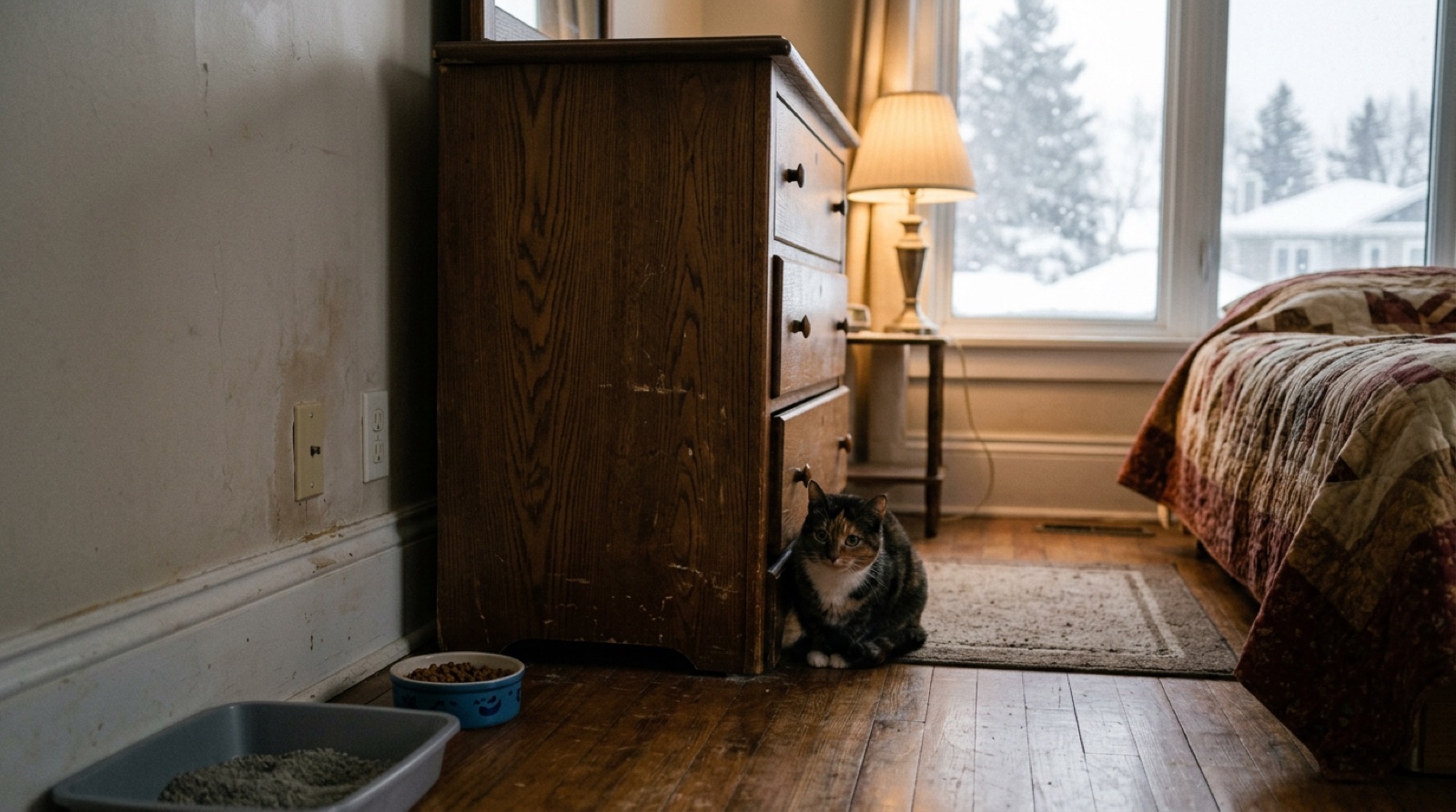 Rescue cat peeking out from under a bed in an Estevan Saskatchewan home
