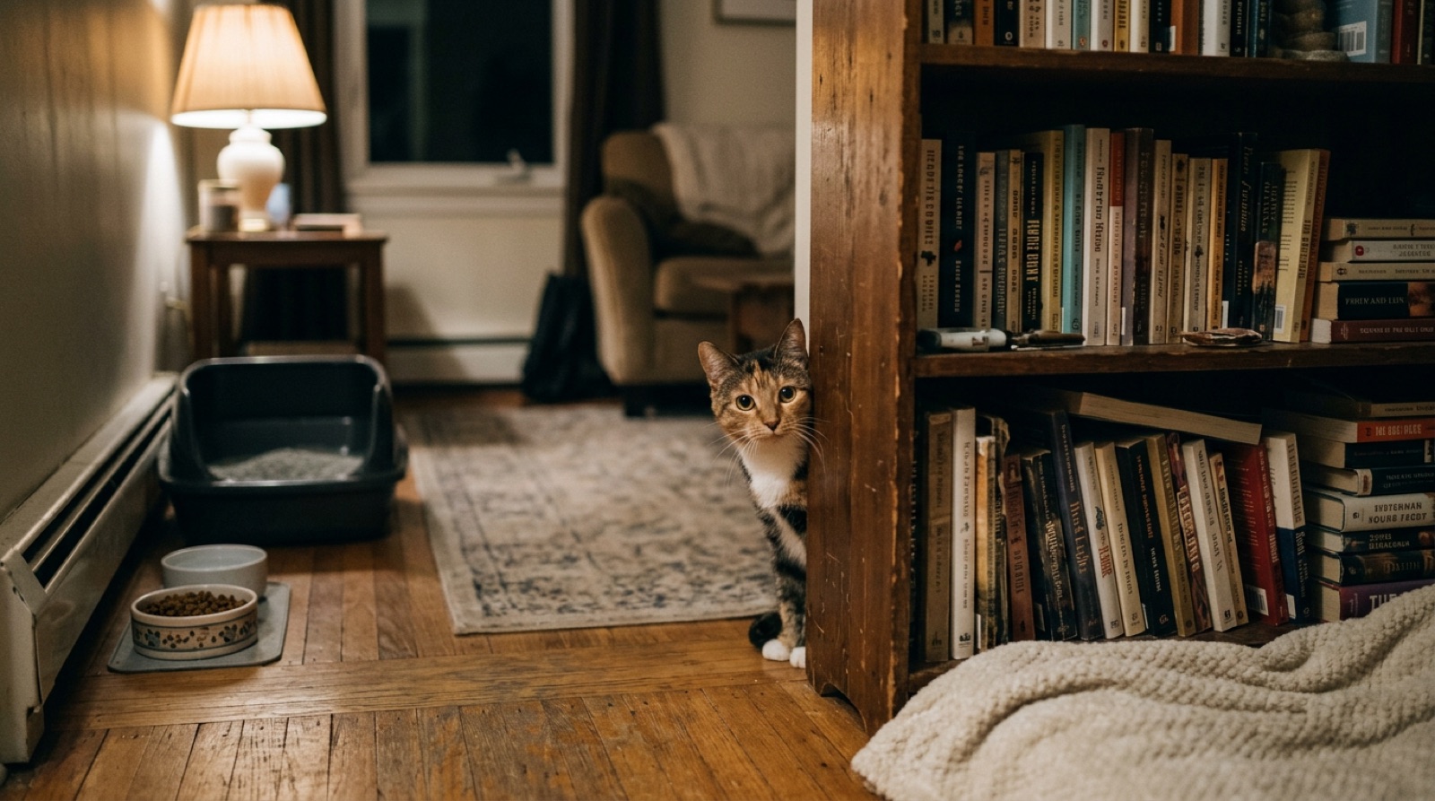 A newly adopted rescue cat peeking out from a hiding spot in a Guelph home