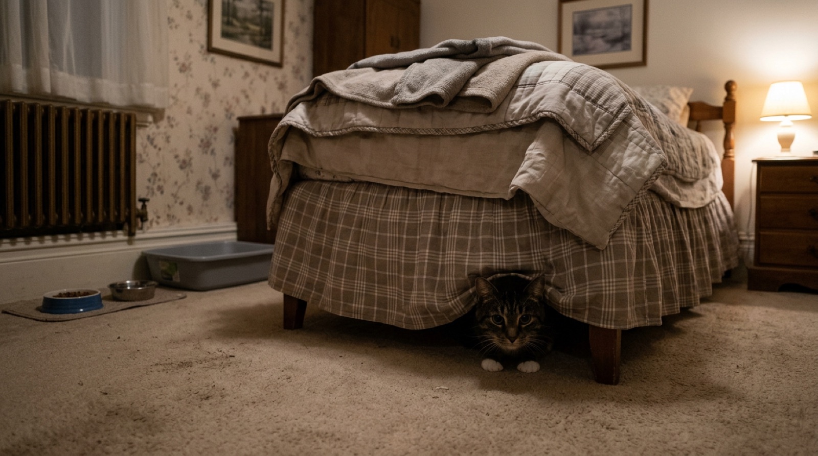 Newly adopted rescue cat peering out from under a bed in a Hamilton Ontario home