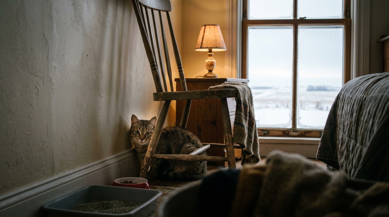Rescue cat peeking out from a hiding spot in a quiet safe room in Humboldt Saskatchewan